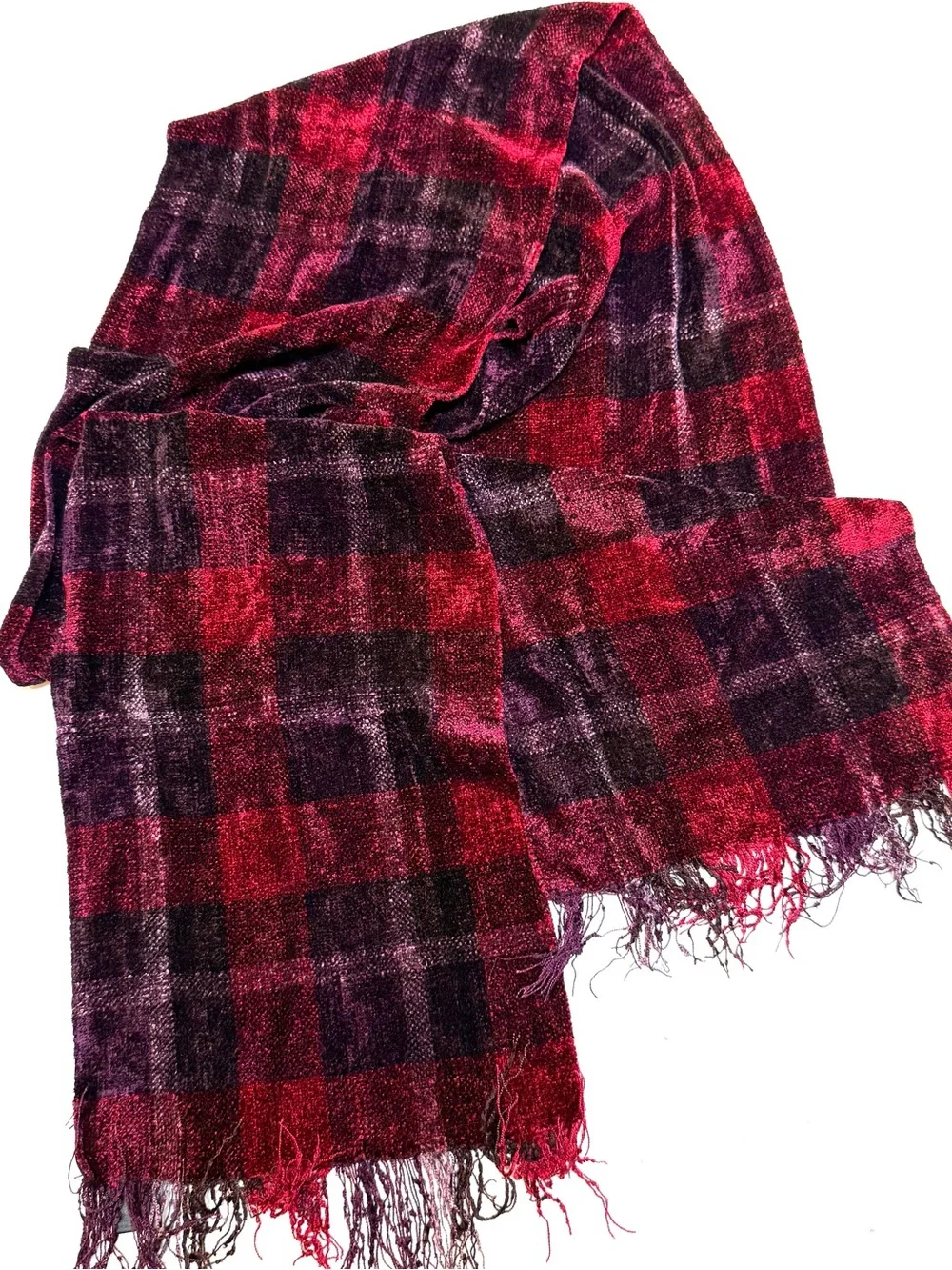 Nordstrom Red & Black Velour Plaid Fringed Scarf